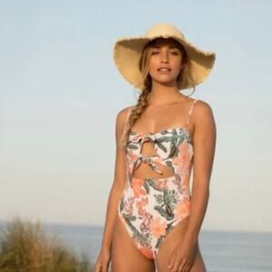 Roxy Just Shine One Piece Swimsuit Tropical Print Cutout Women's XS Cream Orange